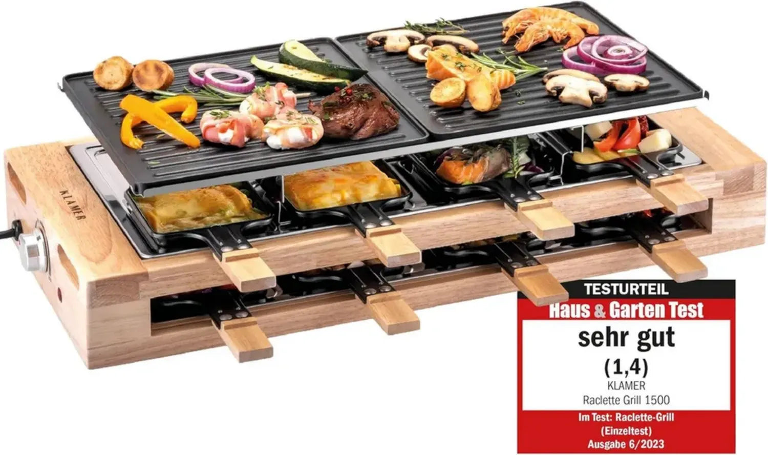 KLAMER Raclette Grill 8 Personen 1500W mit Holzgestell, Antihaft-Grillplatte, Stufenlos Einstellbar, Hohe Bewertung, Deutsche Qualität