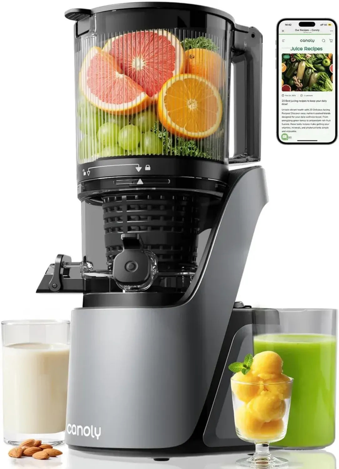 Canoly Slow Juicer 350W mit Großem Einfüllschacht, 3-in-1 Funktion für Saft, Sorbet & Nussmilch, Effizienter AC-Motor, Selbstvorschneidesystem, Grau