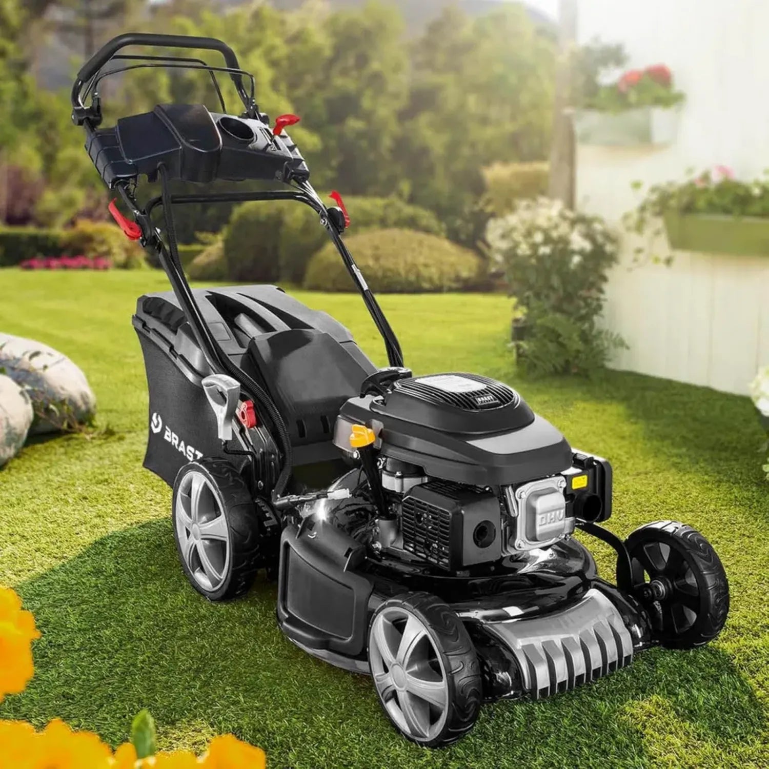 BRAST Benzin-Rasenmäher mit Antrieb, 5,2 kW Leistung, 48 cm Schnittbreite, TÜV-geprüft, 4-Takt-OHV-Motor, 30-80 mm Schnitthöhe, 60L Fangkorb, robustes Stahlgehäuse
