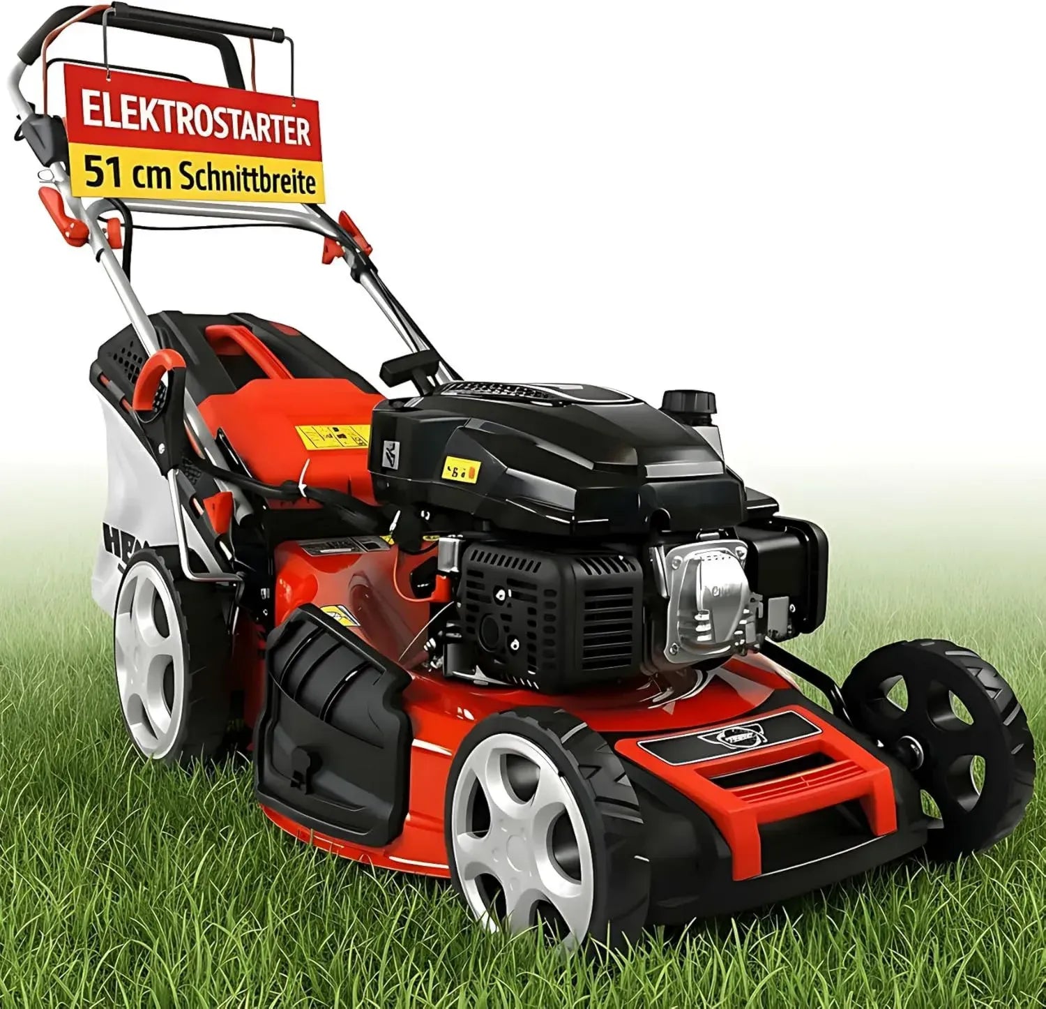 HECHT Benzin-Rasenmäher 5-in-1 mit 4-Takt-Motor, 4,0 kW Elektrostart, 51 cm Schnittbreite, 65 l Fangkorb und Mulchfunktion