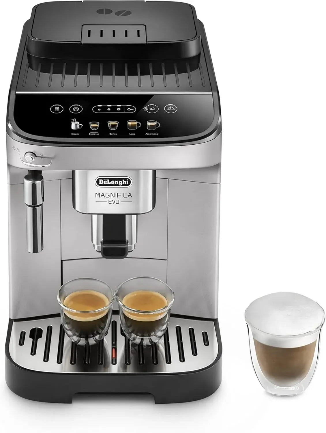 De'Longhi Magnifica Evo Kaffeevollautomat mit Milchaufschäumer, 4 Getränke auf Knopfdruck, Silber