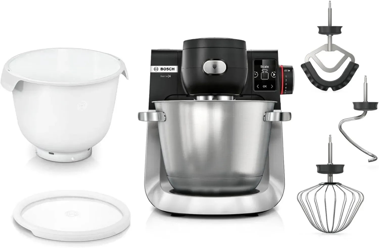 Bosch Küchenmaschine Serie 6, 5,5 l Schüssel, integrierte Waage, 7 Programme, Planetenrührwerk