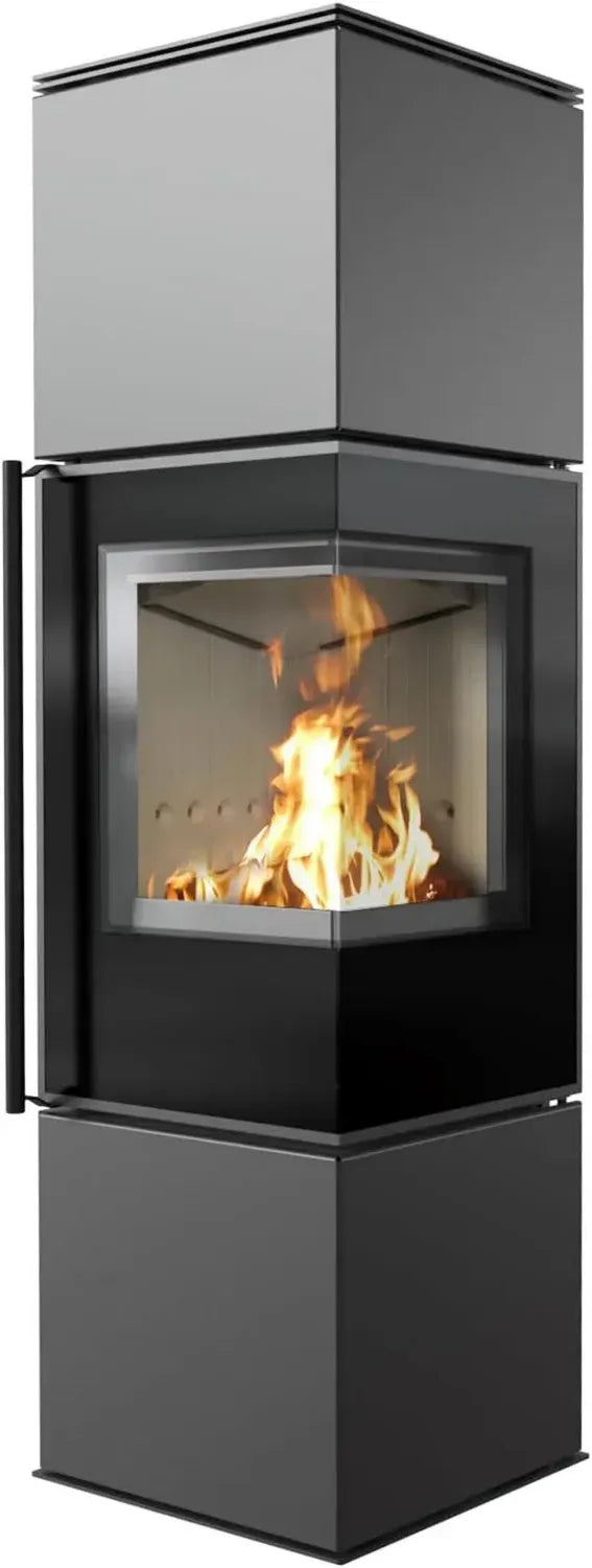 KRATKI Ren/M Eckkamin 7 kW – Moderner freistehender Stahlkamin mit beidseitigem Glas, Ø 150 mm, BImSchV Stufe 2, Ecodesign & Flamme Verte, Tür rechts