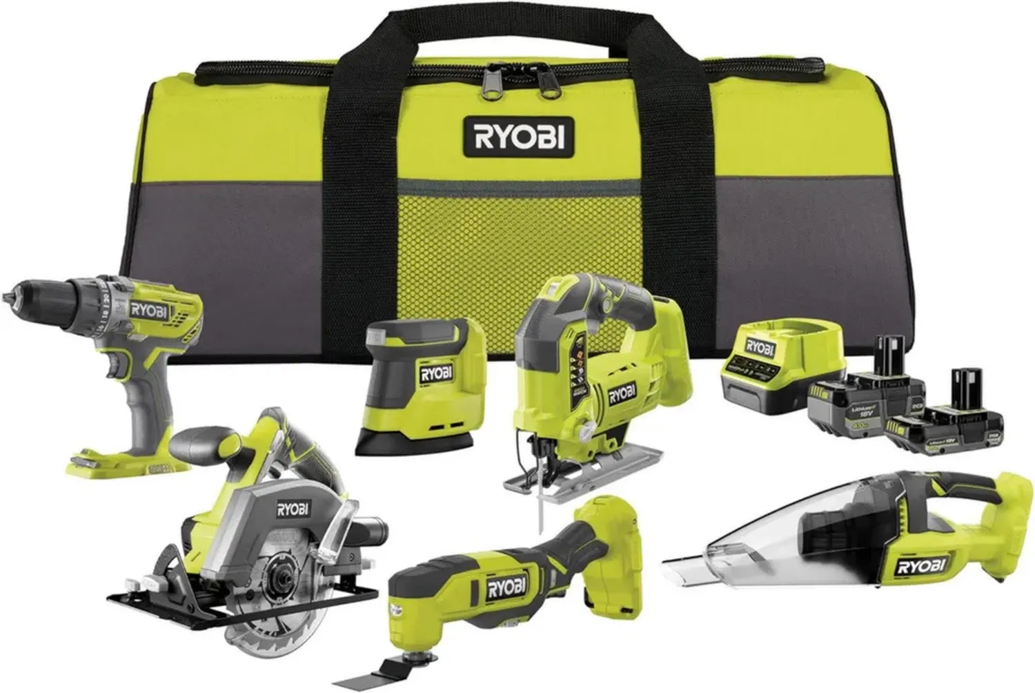RYOBI 18V ONE+ 10-teiliges Akku-Set mit Bohrhammer, Stichsäge, Akkus, Ladegerät und Tasche, Komplettset für Heimwerker