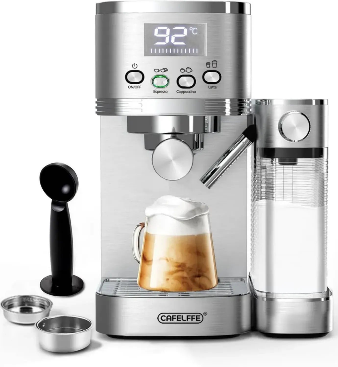 CAFELFFE Multifunktionale Espressomaschine 6-in-1 mit Milchtank, Siebträger, Automatische Reinigung & 3 Temperatureinstellungen, 1,3 L Edelstahl