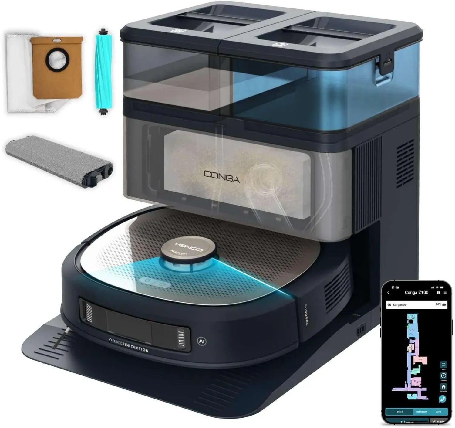 Cecotec Conga Z100: Intelligenter Saug- und Wischroboter mit Laser und Selbstentleerung, 20000Pa