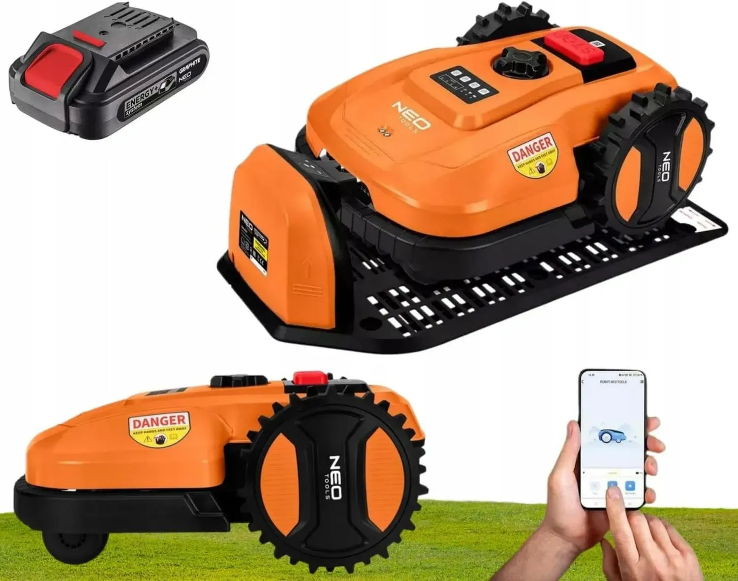 NEO TOOLS Rasenmäherroboter mit austauschbarem 18V Akku für bis zu 600 m², Smartphone-Steuerung, Ladestation und 100m Begrenzungskabel