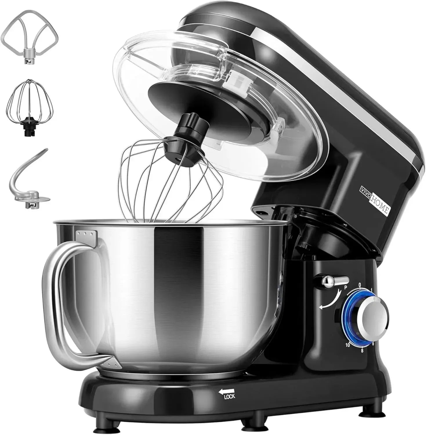 VIVOHOME Küchenmaschine 5,7L 1500W mit 10 Geschwindigkeiten und Pulsfunktion, inkl. Spritzschutz, Knethaken, Schneebesen und Eigelbtrenner
