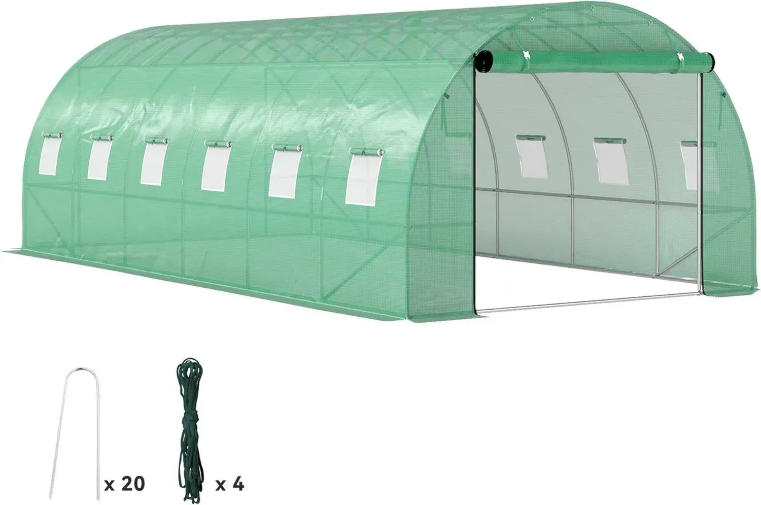 Outsunny Gartengewächshaus 300x600x200cm mit Tür und 12 Fenstern, robuster Folientunnel aus verzinktem Stahl, 170g/m² PE, inklusive Erdanker und Seilen, Grün