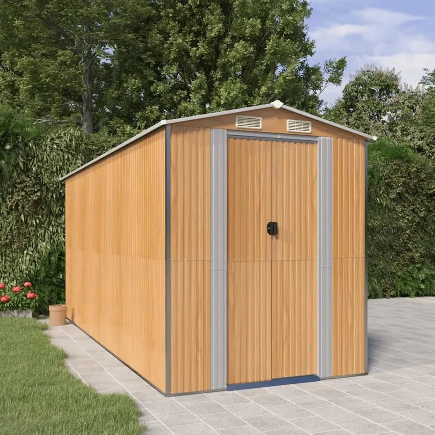 Fahrradgarage aus verzinktem Stahl 192x440x223 cm, hellbraun, ideal als Geräteschuppen und Gartenhütte