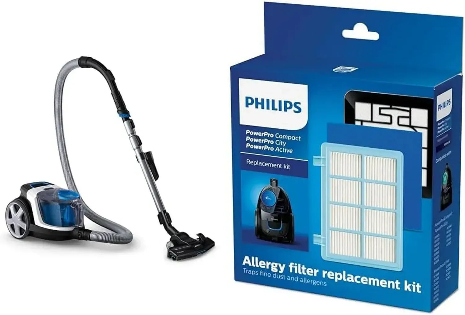 Philips PowerPro Compact Staubsauger, beutellos, energiesparend, 1,5L Volumen, integriertes Zubehör, inkl. Ersatzfilterset
