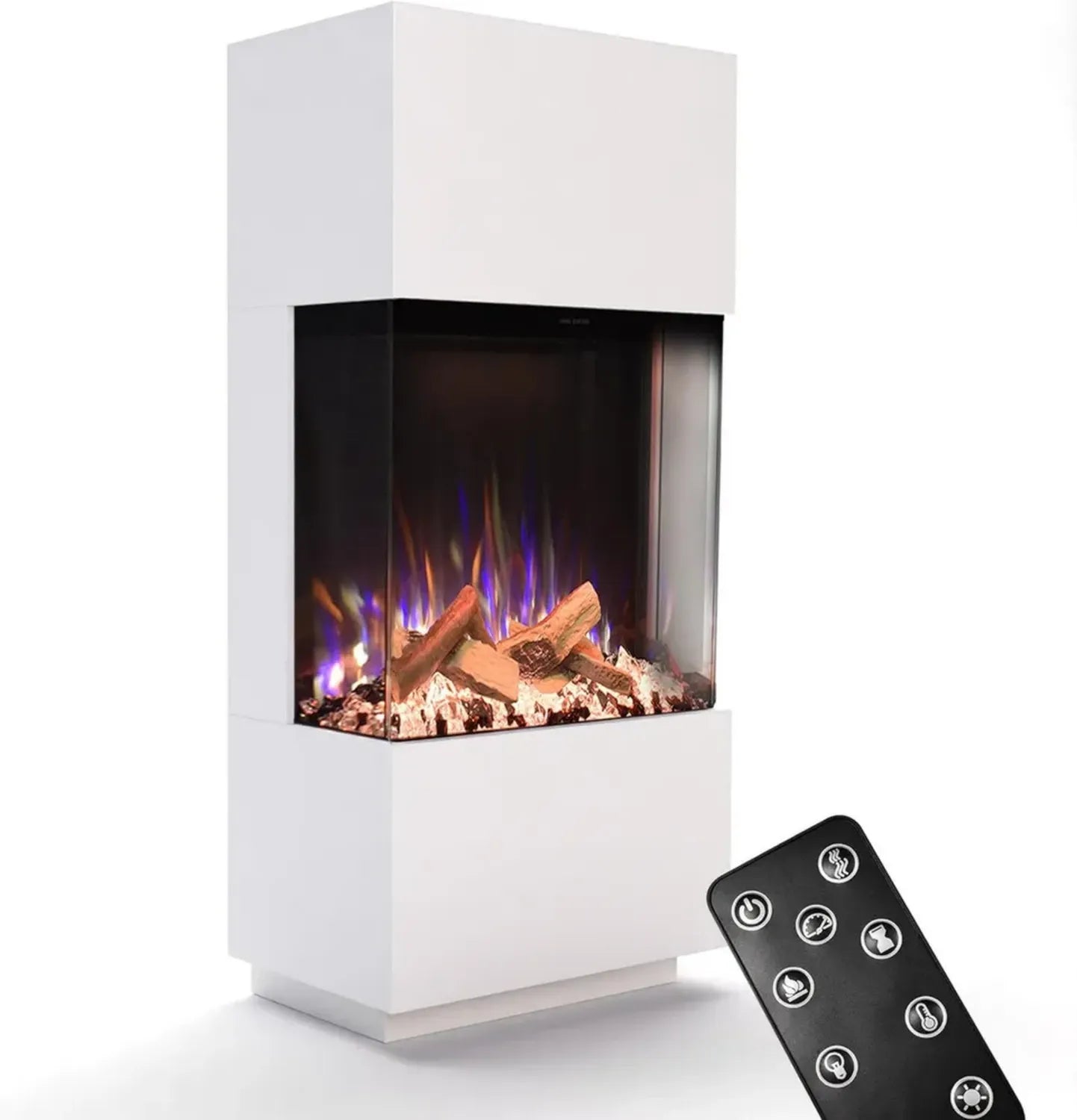 GLOW FIRE Elektrokamin mit 3D LED-Flamme, Heizfunktion & Timer, 1500W, 61,5x136x40cm, Weiß