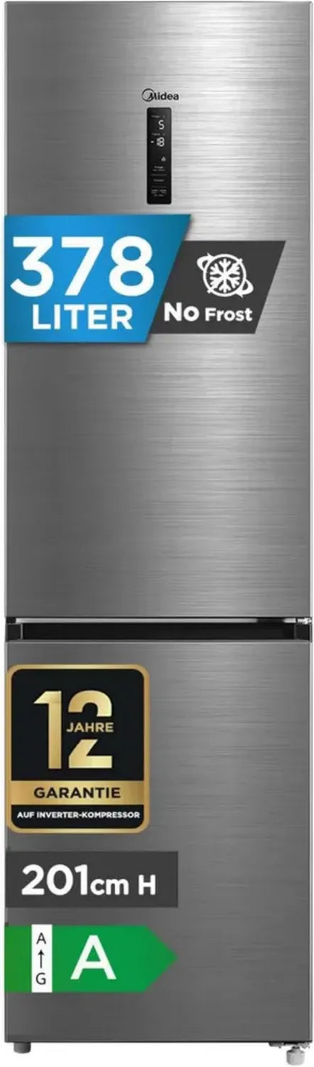 Midea 378L Kühl-Gefrierkombination, NoFrost, Metal Cooling, Inverter, 29 dB, Edelstahl