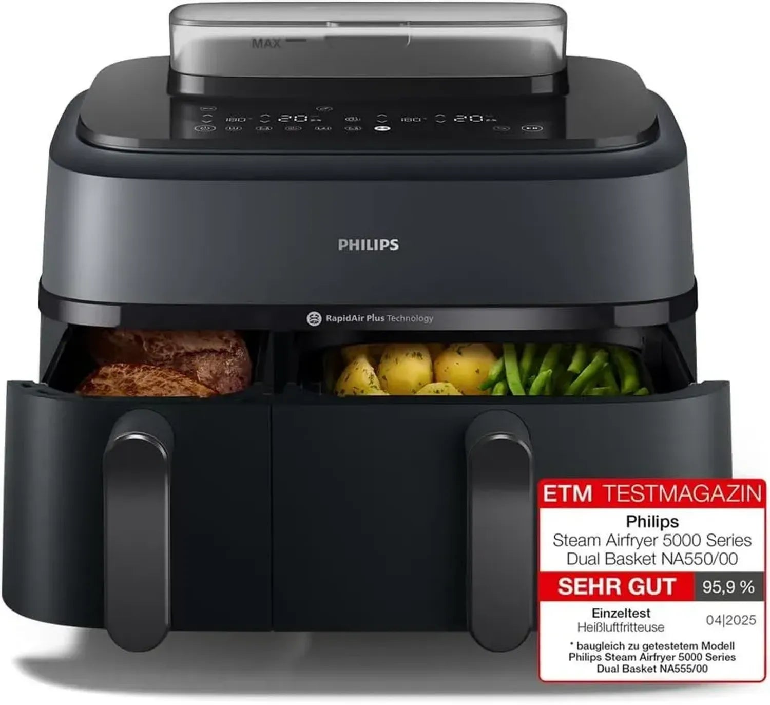 Philips Heißluftfritteuse 5000er Serie mit Dampfgarfunktion, Doppelkorb, 9L Gesamtkapazität, RapidAir Plus Technologie