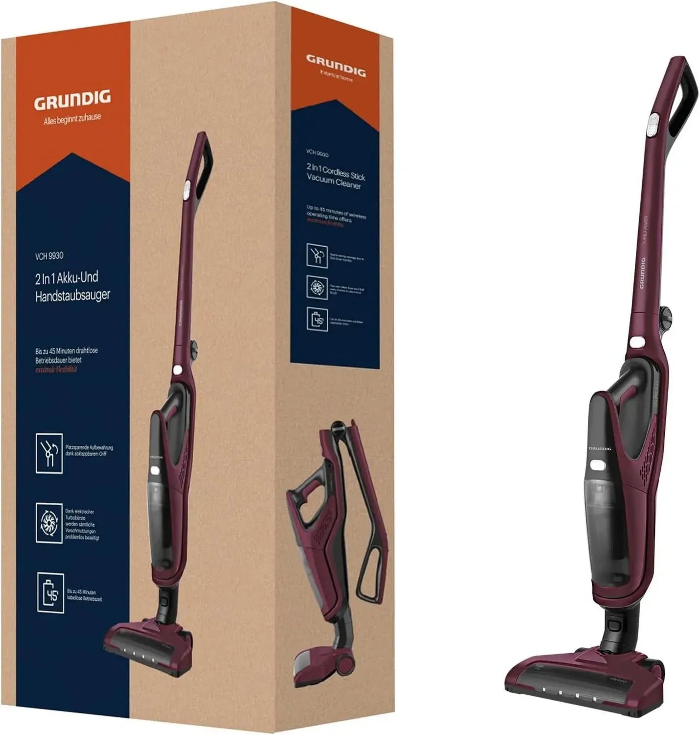 Grundig VCH 9930 Kabelloser Hand- und Stielstaubsauger, 2-in-1, 14,4 V, Violett