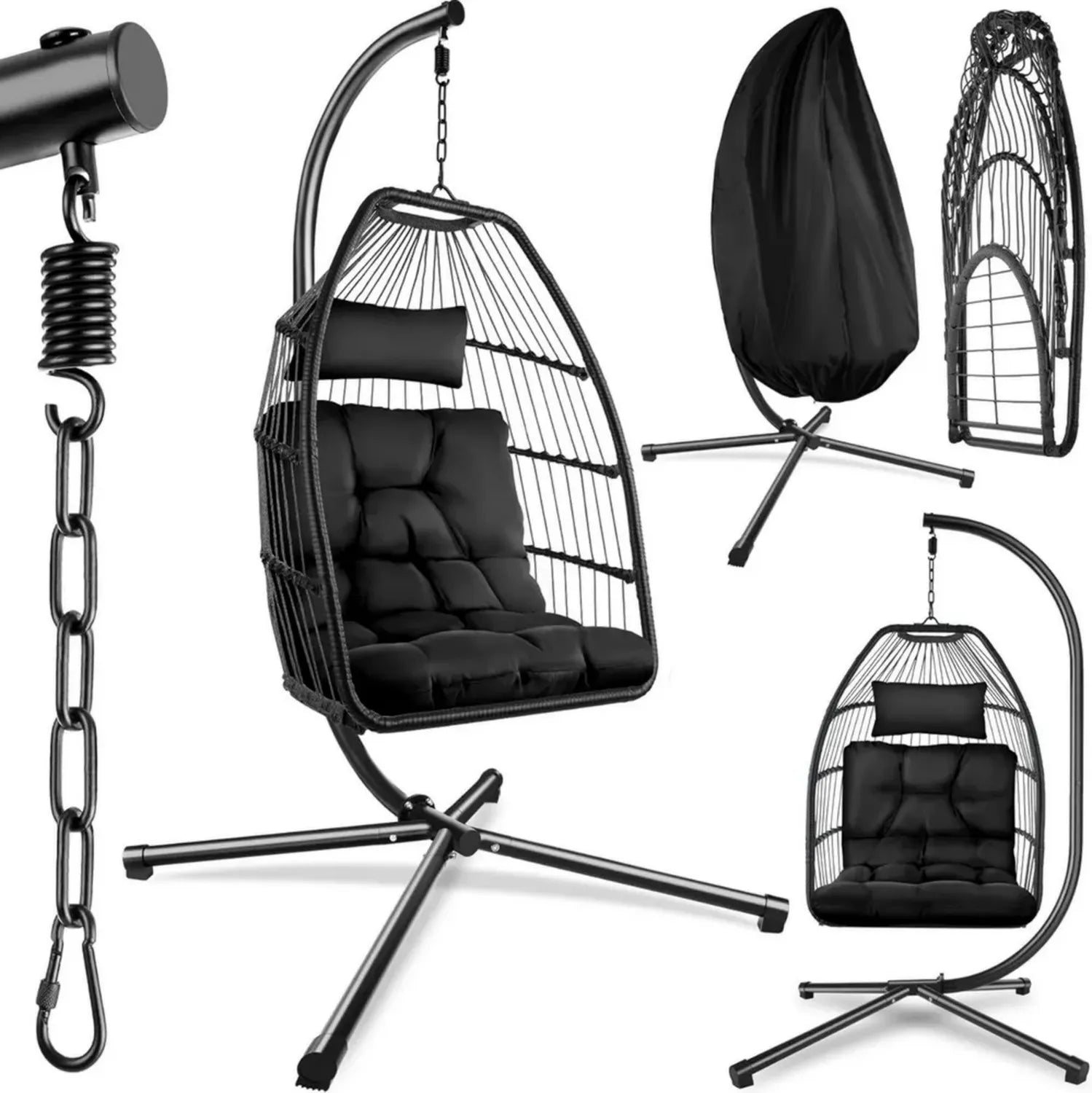 Bequemer Hängesessel mit Gestell und Kissen, bis 160kg, für drinnen und draußen, schwarz