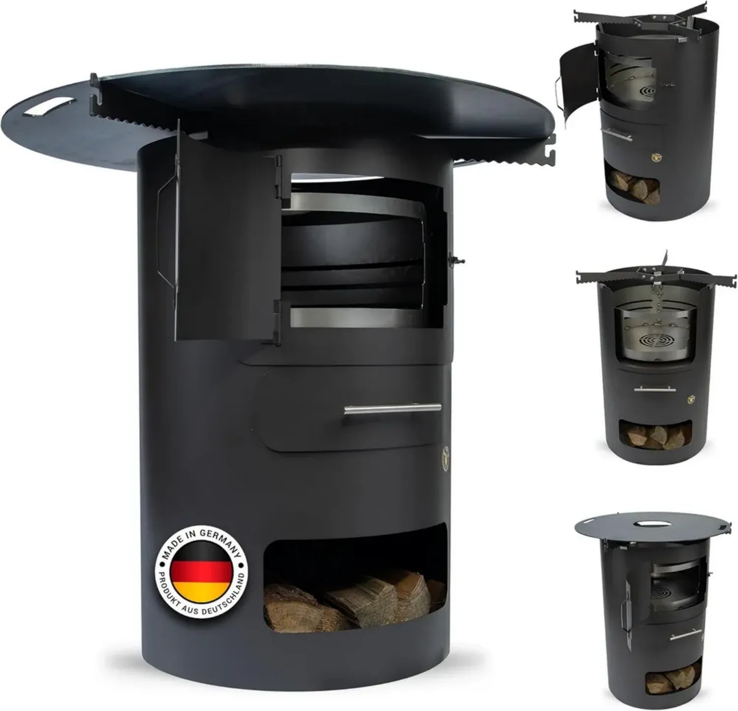 Multifunktionaler Feuerkorb mit 80cm Grillplatte, Dutch Oven Station & Grillfass - Hitzebeständig bis 700°C