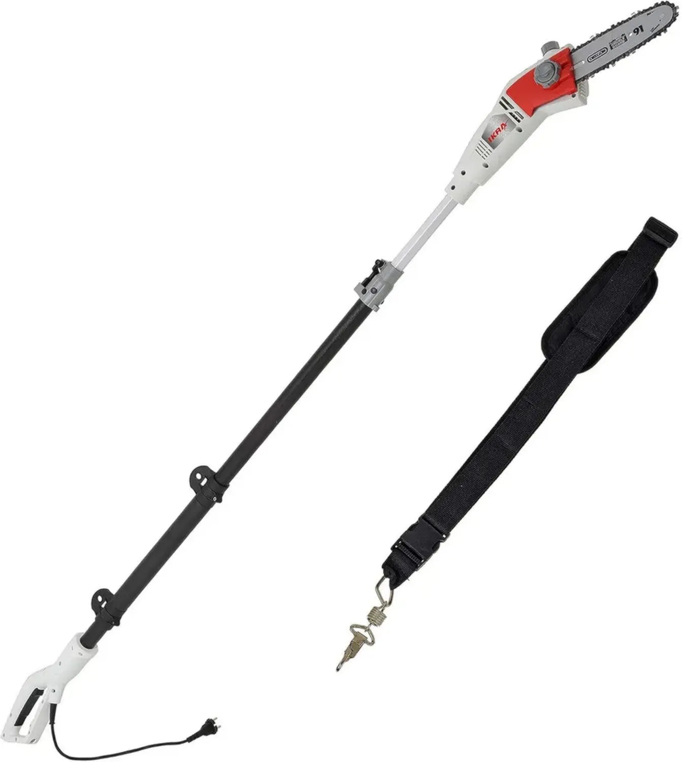IKRA Elektrischer Hochentaster mit Teleskopstange, 185 mm Schnittlänge, Arbeitshöhe bis 4 m, leicht und mit Schultergurt