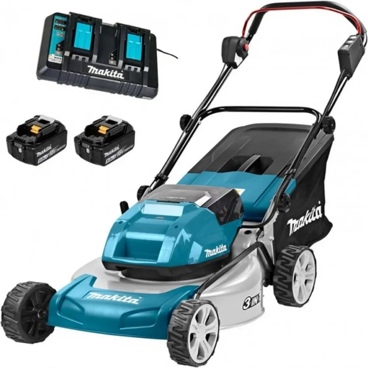 Makita DLM460PT2 Kabelloser Rasenmäher mit 2 Akkus und Schnellladegerät, 36 V