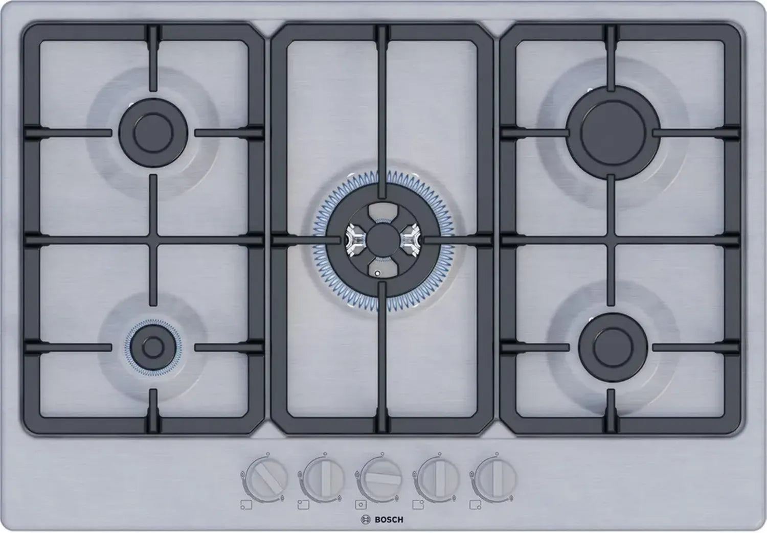 Bosch Serie 4 Gasherd, WOK-Brenner mit 3,3 kW, Gusseisenroste, 75 cm Edelstahl