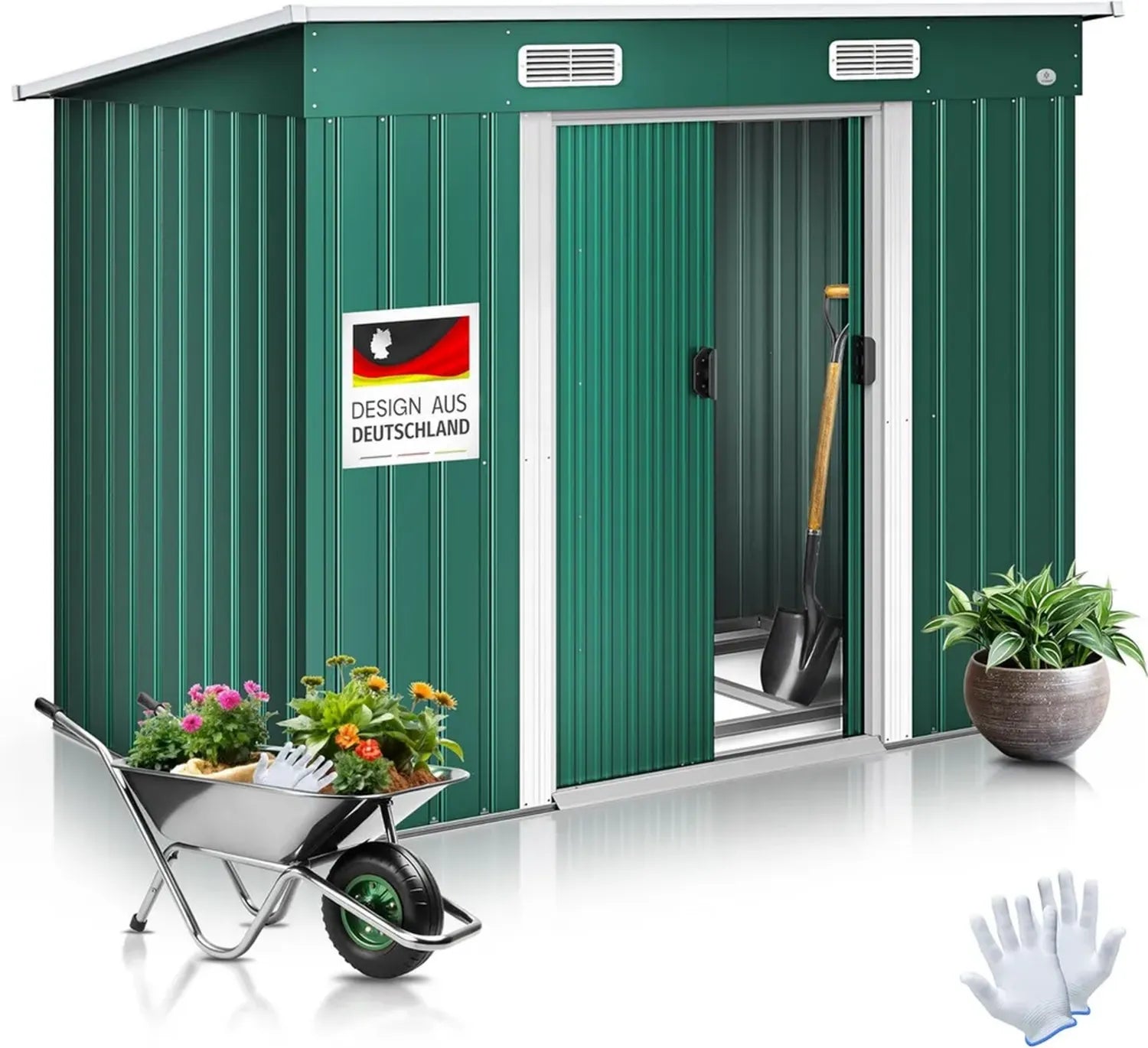KESSER® Metall Gerätehaus L 4 m³ mit Pultdach und Schiebetür inkl. Fundament, 194x112x181 cm, Grün