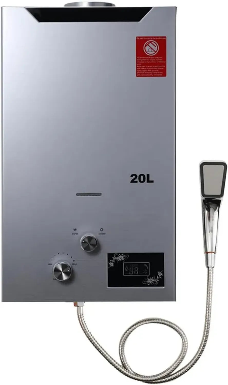 Mobiler 20L Gas-Durchlauferhitzer 40KW für Outdoor-Campingdusche, Propan LPG Boiler, Sofortige Heißwasserbereitung, Silber