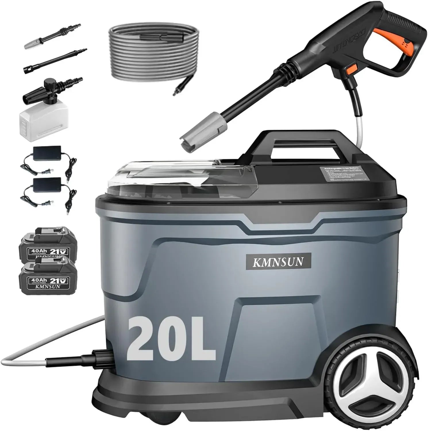 Kabelloser Hochdruckreiniger mit 20 L Wassertank, 60 bar Maximaldruck, 4000 mAh Akku, Schaumdüse und 5 m Schlauch