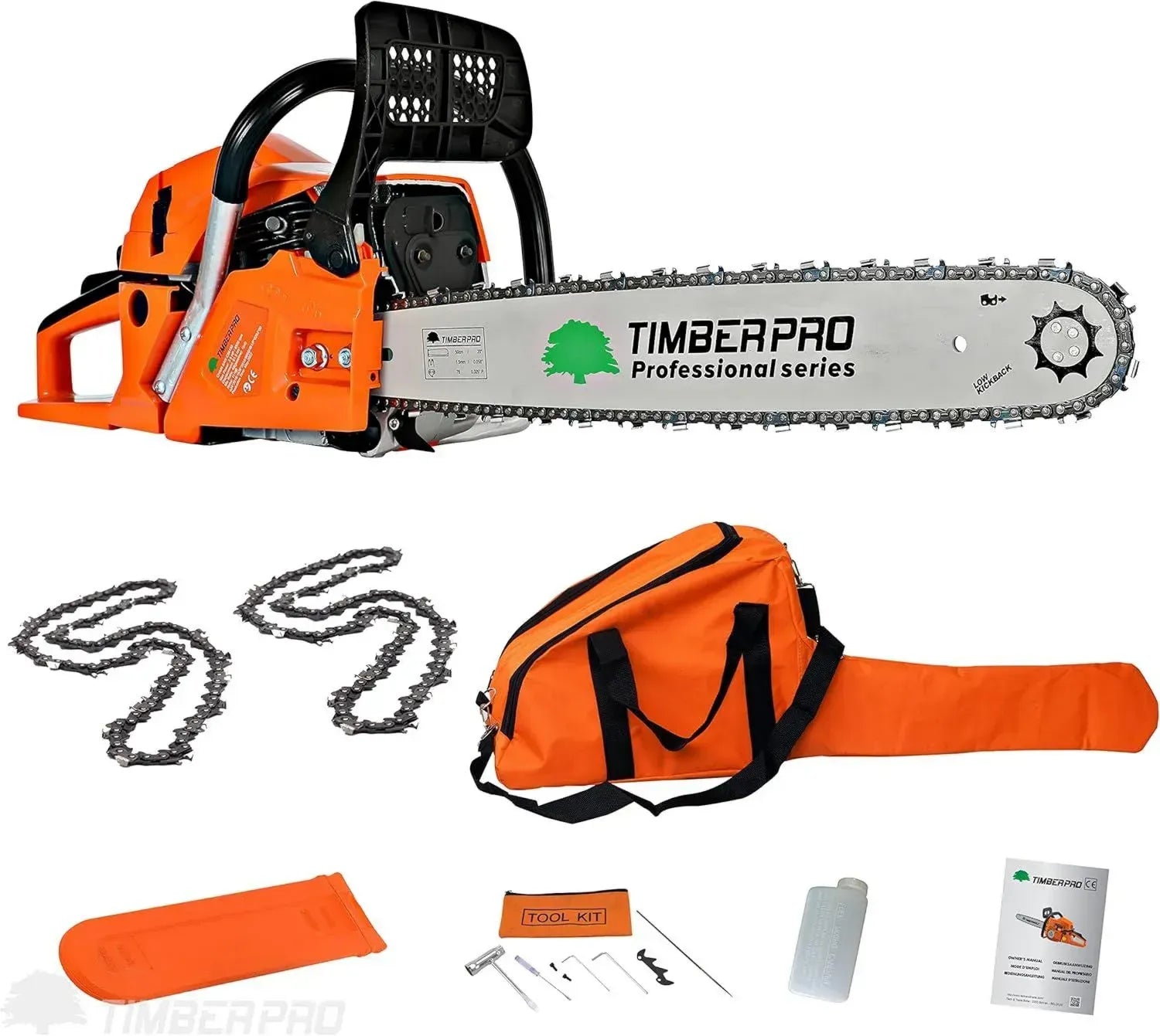 Timberpro Benzin-Kettensäge 62 cm³, 3.6 PS, 50 cm Schwert inklusive Ersatzkette und Tragetasche
