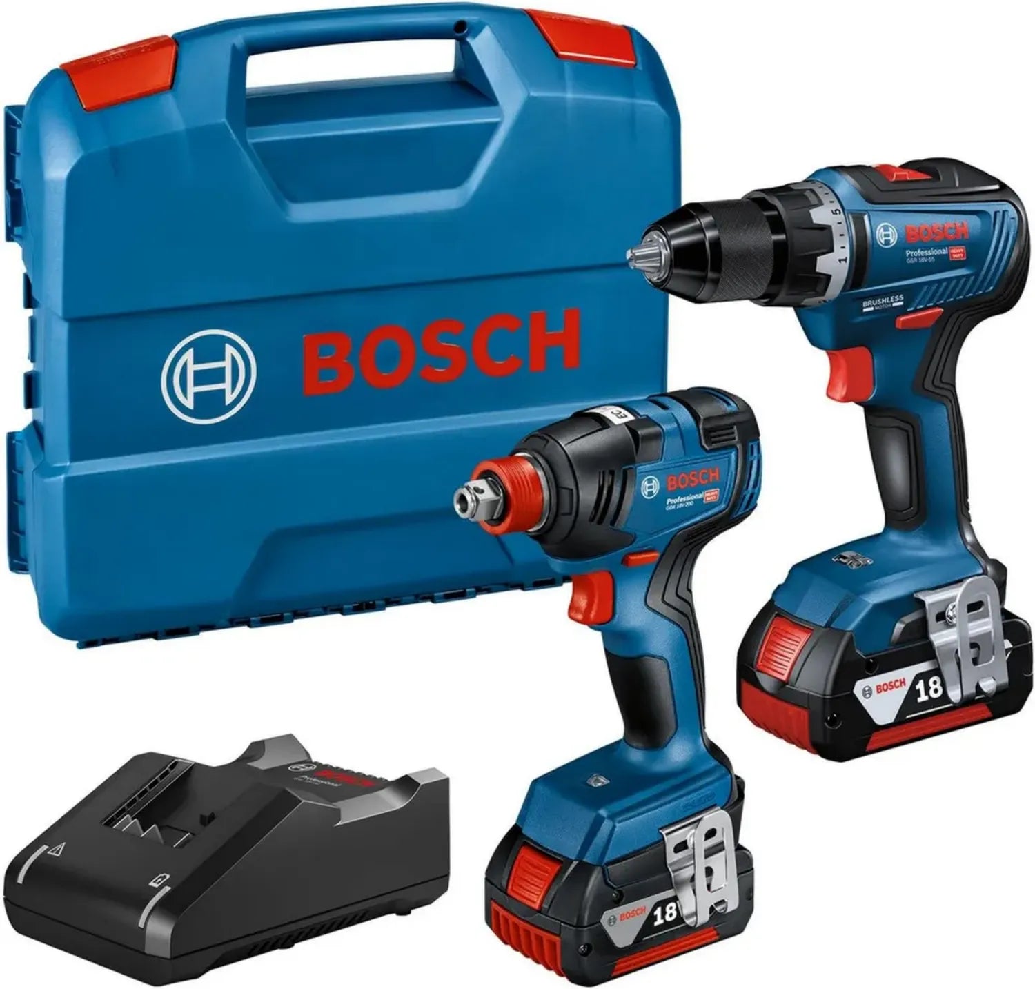 Bosch Professional 18V Set: GDX 18V-200 Schlagschrauber & GSR 18V-55 Bohrschrauber, mit 2x 4.0Ah Akkus & Schnelllader