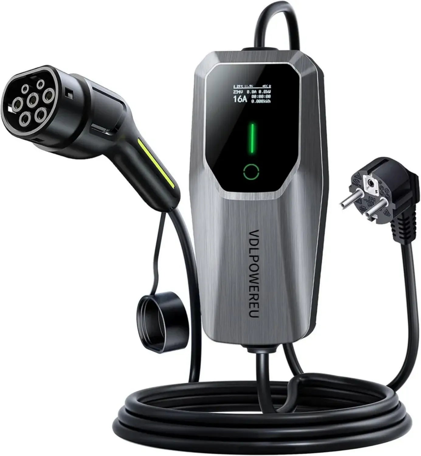 Typ 2 EV Ladekabel, 3.6kW, 5m, LED-Anzeige, Tragbares Ladegerät, IP65, EU-Schuko