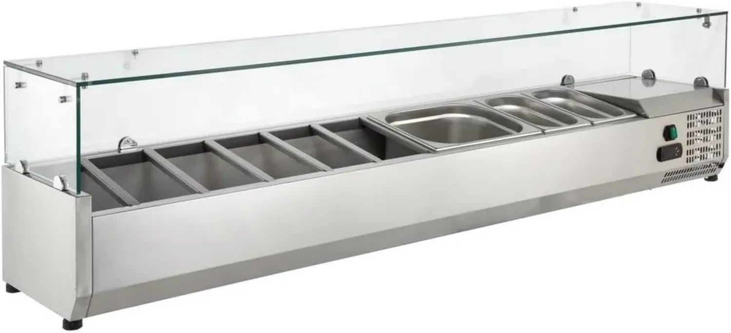 Professionelle Kühlvitrine VRXH1600 mit Glasaufsatz – Edelstahl, 8x GN 1/4 – Ideal für Pizzeria, Salatbar und Gastronomietheke