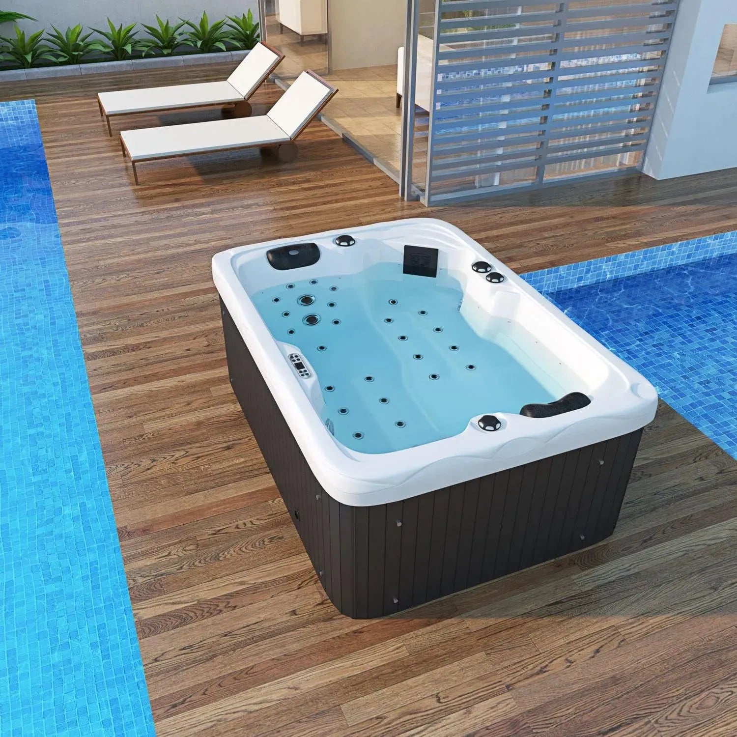 Tronitechnik® Außenwhirlpool für 2 Personen, mit 41 Massagedüsen und 16 LED-Lichtern, 2,2 kW Pumpe und 3 kW Heizung, Maße 190 x 135 x 77 cm