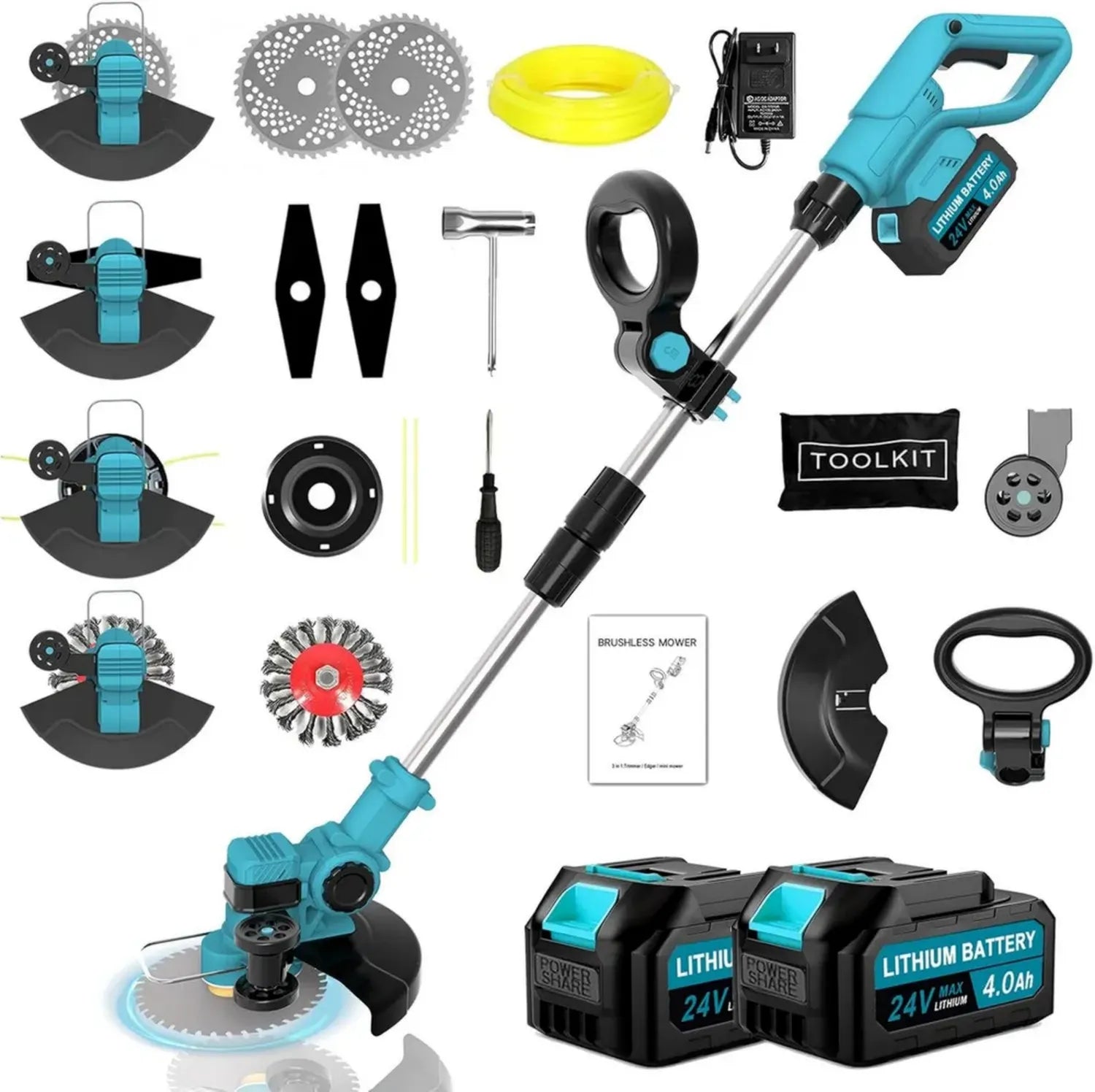 Kabelloser 4-in-1-Rasentrimmer mit 21V Akku, inklusive Klingen und Unkrautbürste für Gartenpflege