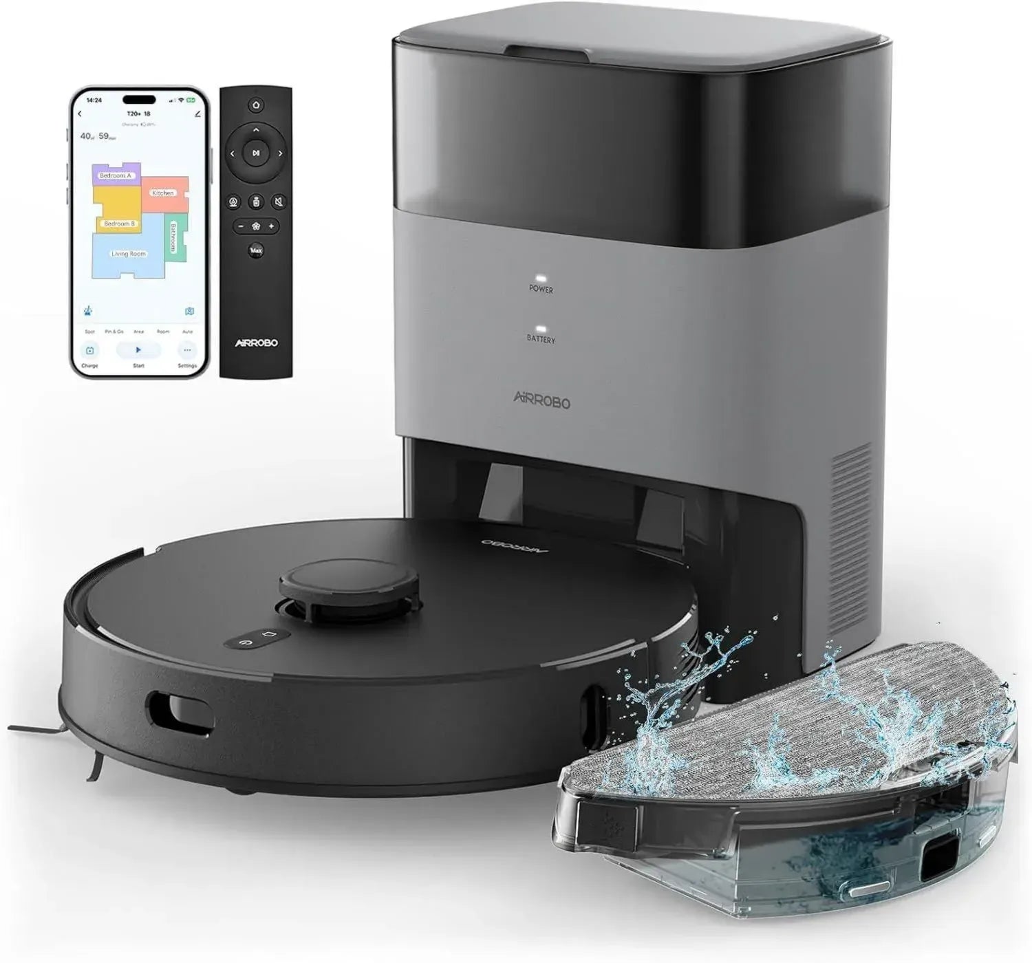 AIRROBO T20+ Roboter-Staubsauger mit Wischfunktion, 3.5L Absaugstation, 180 Minuten Laufzeit, LiDAR Navigation, starke Saugleistung für Teppiche und Tierhaare, APP-Steuerung