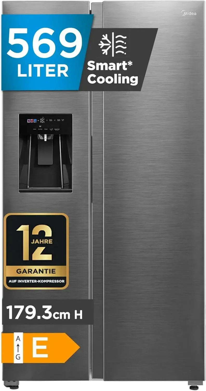 Midea Side-by-Side Kühlschrank 569L mit Wasserspender, NoFrost, Edelstahl, Multi AirFlow