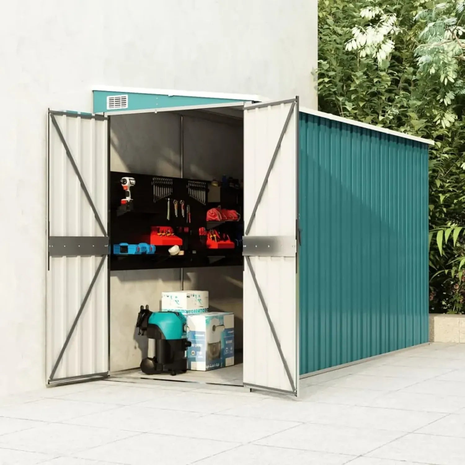 SECOLI Metall Gartenschuppen Grün mit Fahrradunterstand, 118 x 288 x 178 cm, Wetterfest und Stabil aus Verzinktem Stahl